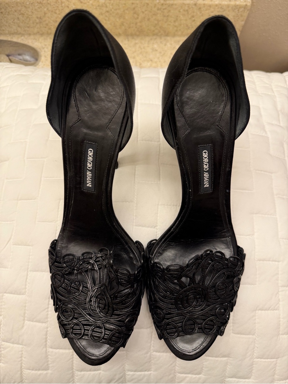 Giorgio Armani Black Open-Toe Loop Detail Heels